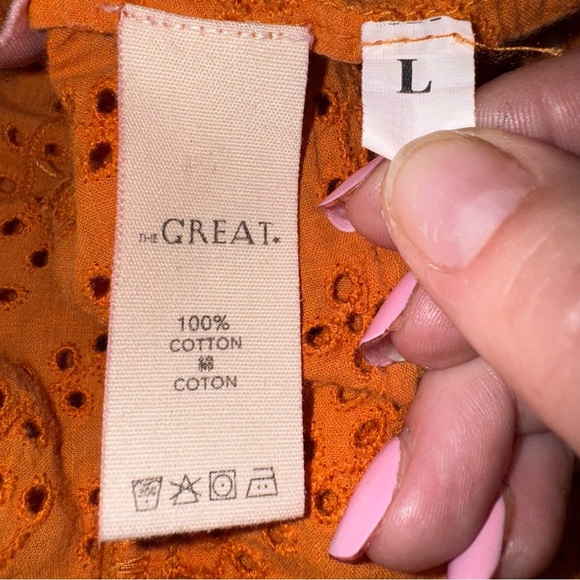 The GREAT. Eyelet Ruffle Blouse Top Orange 3/4‎ Sleeve Bohemian Boho Chic Size L - Picture 6 of 9